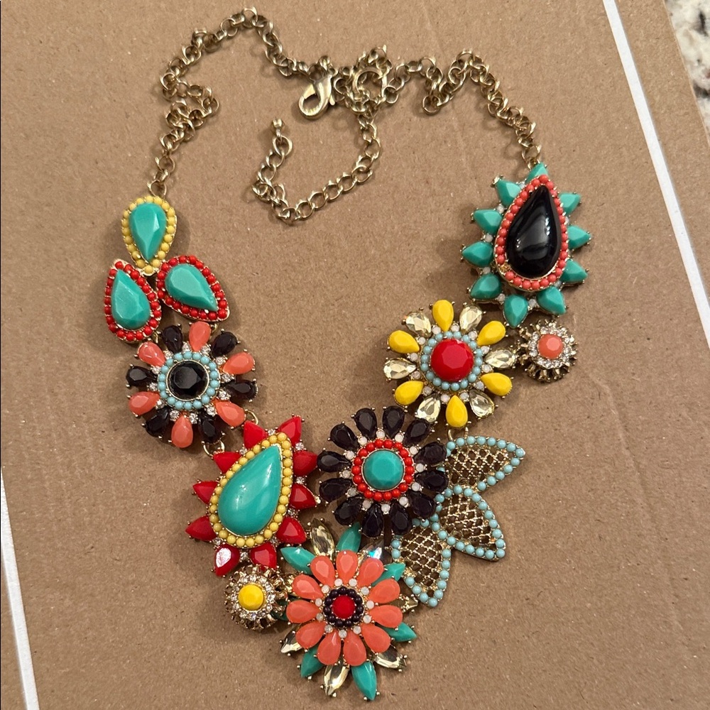 Anna & Ava Gorgeous Floral Bib Necklace in Turquoise, Coral & Yellow, Crystal